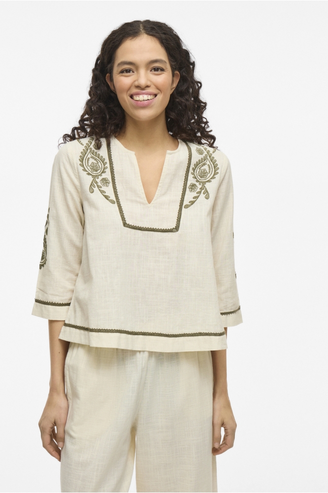VIJOSLA V-NECK 3/4 TOP 14105770 BIRCH/EMBROIDERY